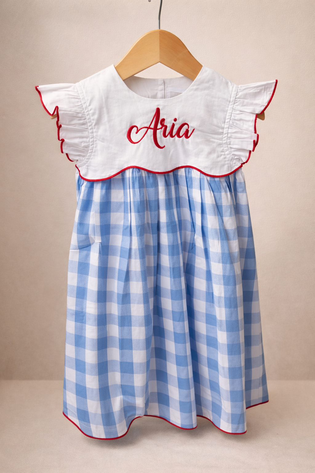 Gingham Flutter Dress with Custom Embroidery