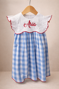 Gingham Flutter Dress with Custom Embroidery