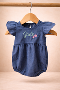 Personalized Denim Flutter Sleeve Baby Romper
