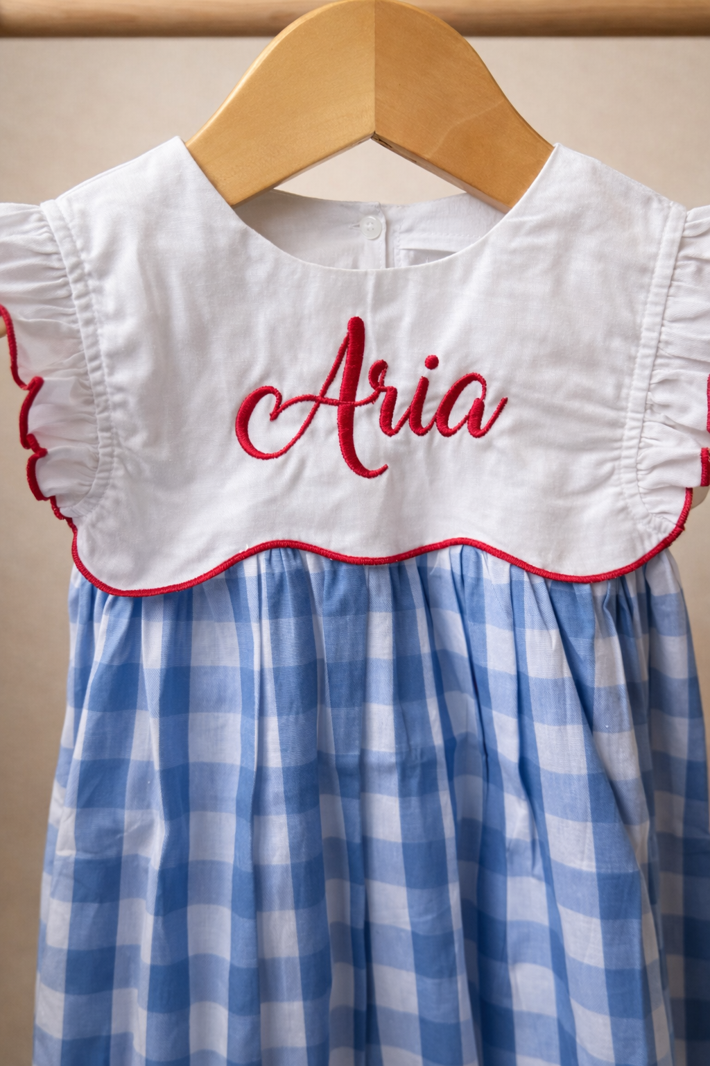 Gingham Flutter Dress with Custom Embroidery