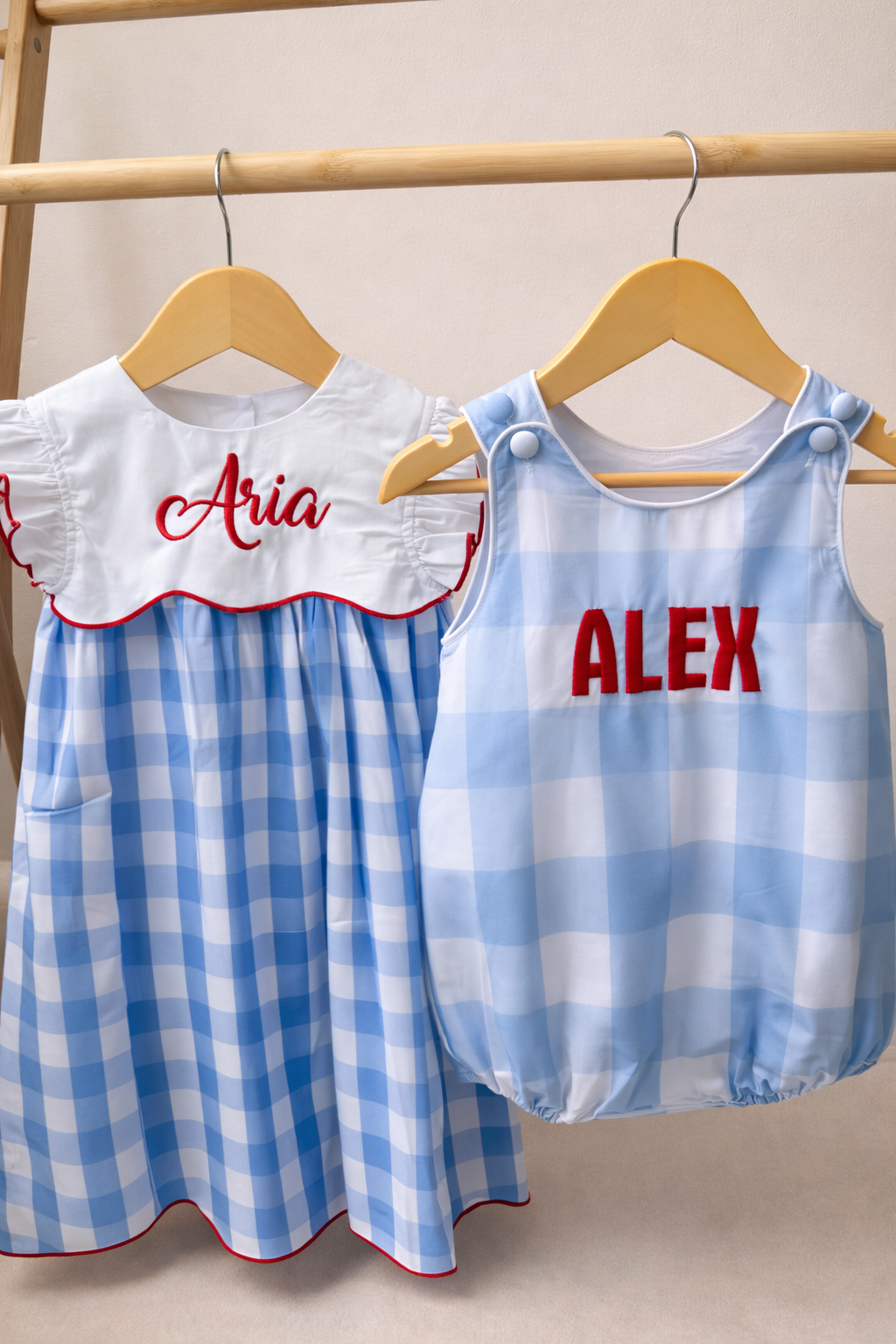 Gingham Flutter Dress with Custom Embroidery