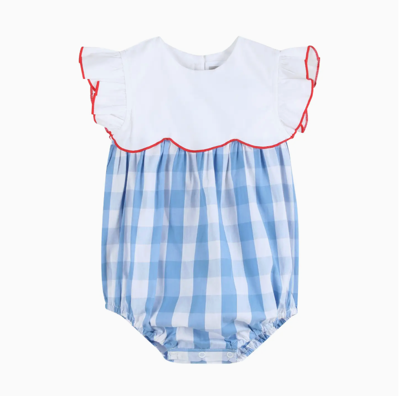 Gingham Flutter Dress with Custom Embroidery